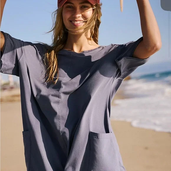 Free People Hot Shot Tee Romper light grey color - Picture 2 of 5